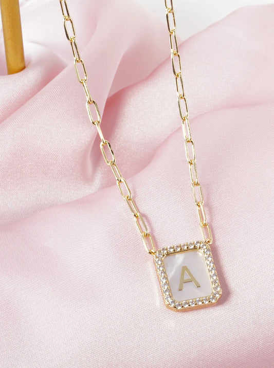 18K Gold Dipped Pave Set Cubic Zirconia Mother of Pearl Initial Pendant Necklace
