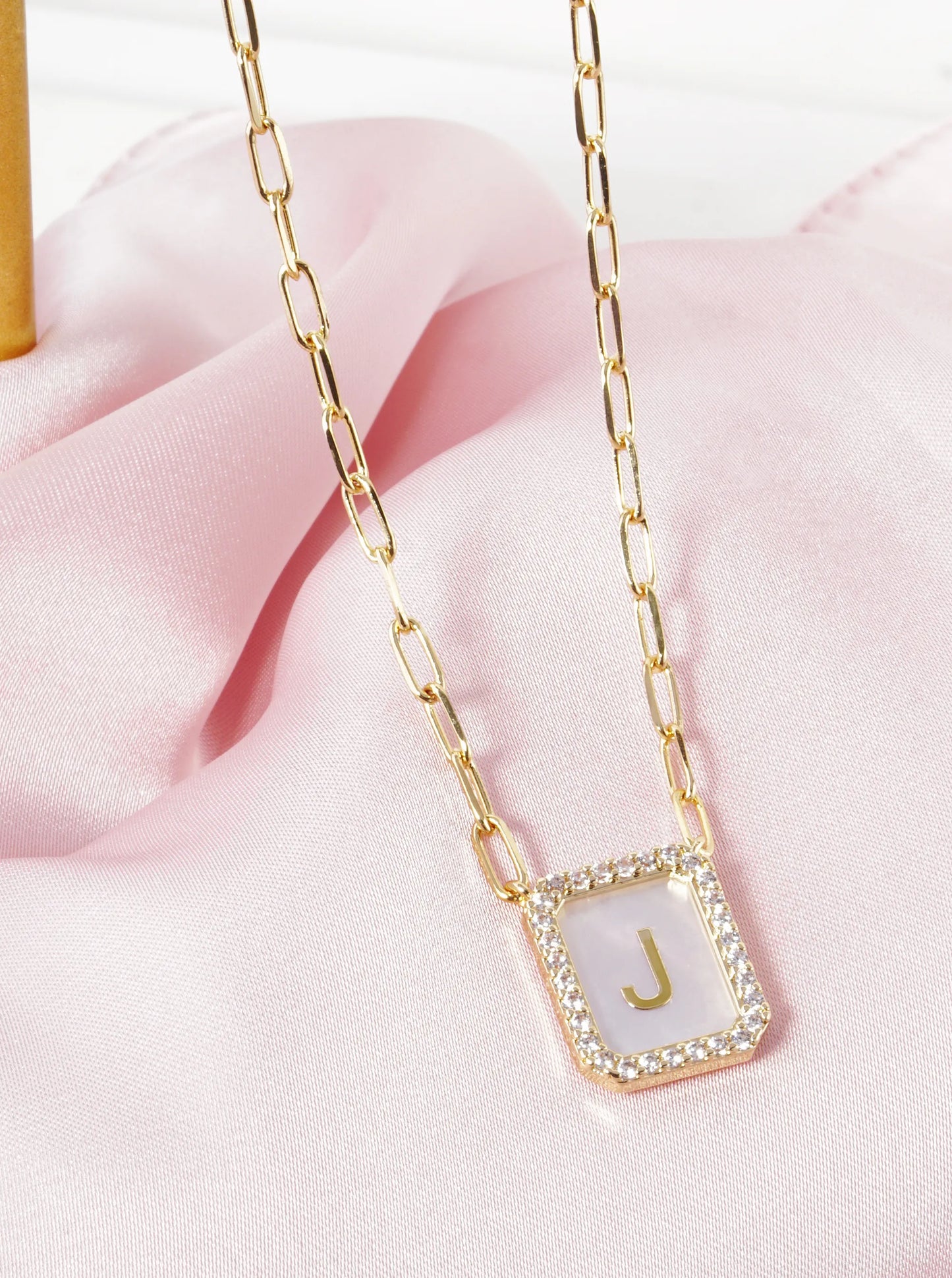18K Gold Dipped Pave Set Cubic Zirconia Mother of Pearl Initial Pendant Necklace
