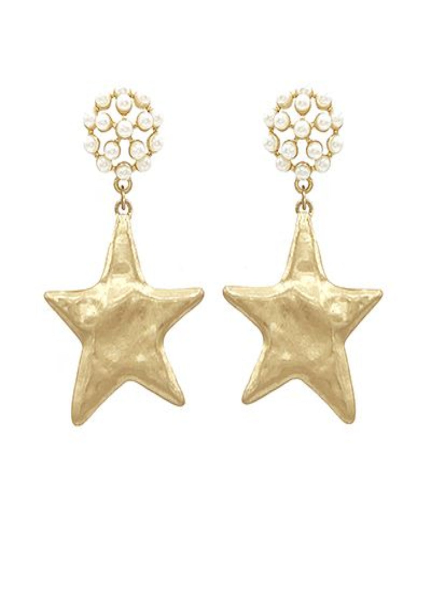 HAMMERED STAR & PEARL DROP EARRINGS