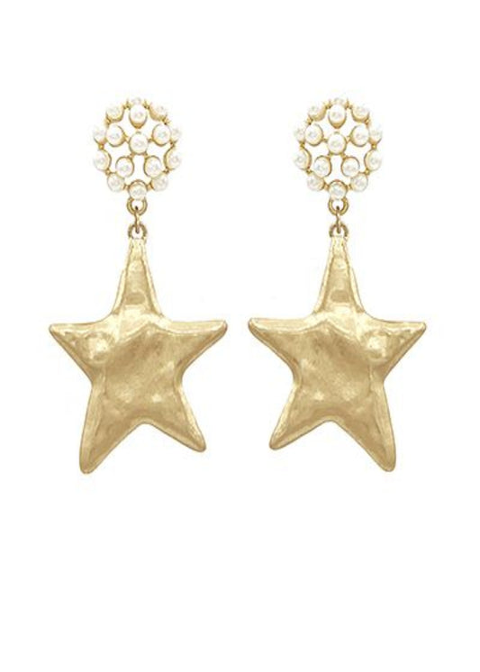 HAMMERED STAR & PEARL DROP EARRINGS