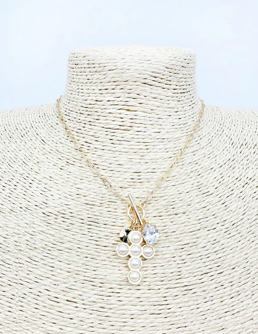 Pearl Beaded Cross and Crystal Charm 16"-18" Necklace