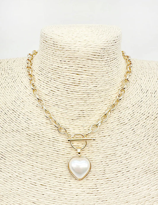 Gold Open Chain with Toggle and Pearl Heart 18" Necklace