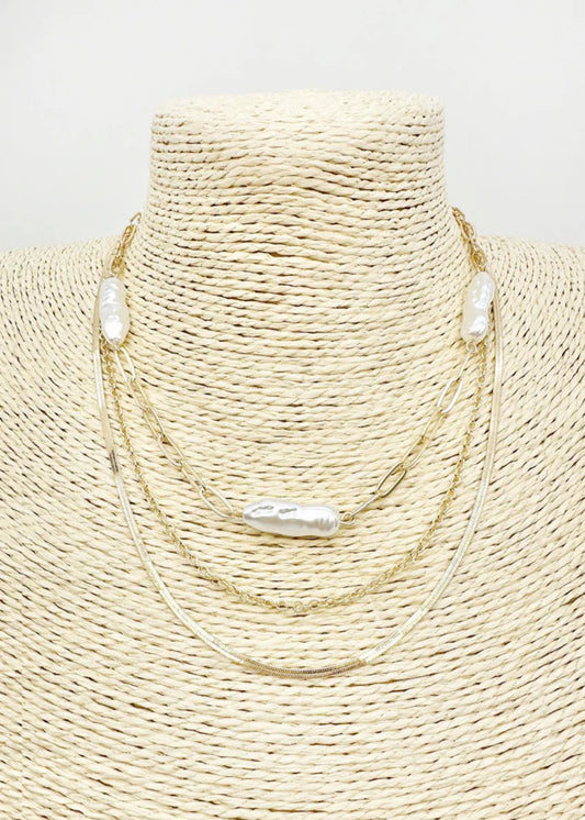 Gold Multi Chain with Oval Pearl 16"-18" Necklace