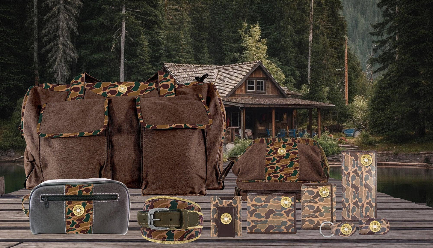 Brown Old School Camo Leather Key Fob. Bass, Lab, Deer, Mallard, Turkey, Shot Shell, USA Flag