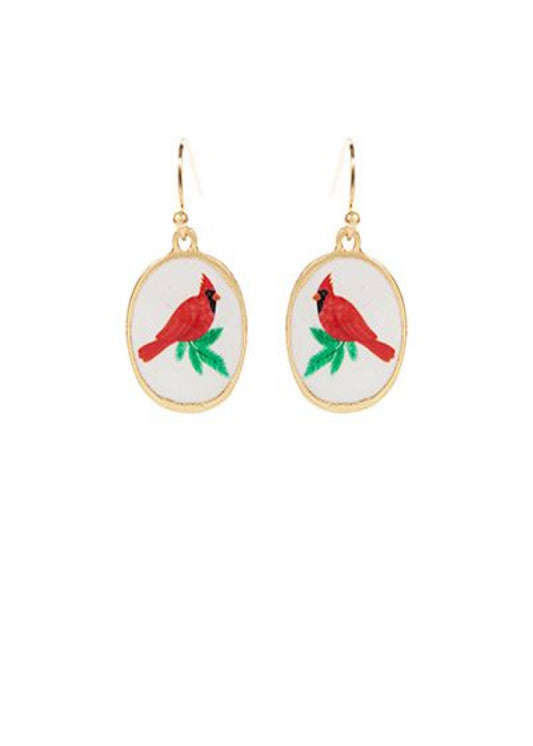 Christmas Theme Printed Oval Earrings-Cardinal