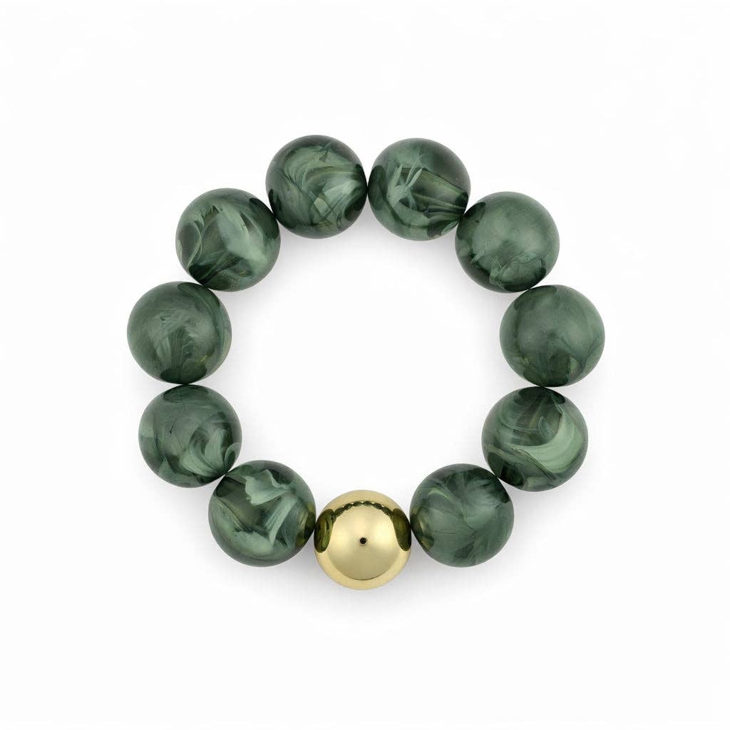 Green 16MM Beaded with Gold Accent Ball Stretch Bracelets