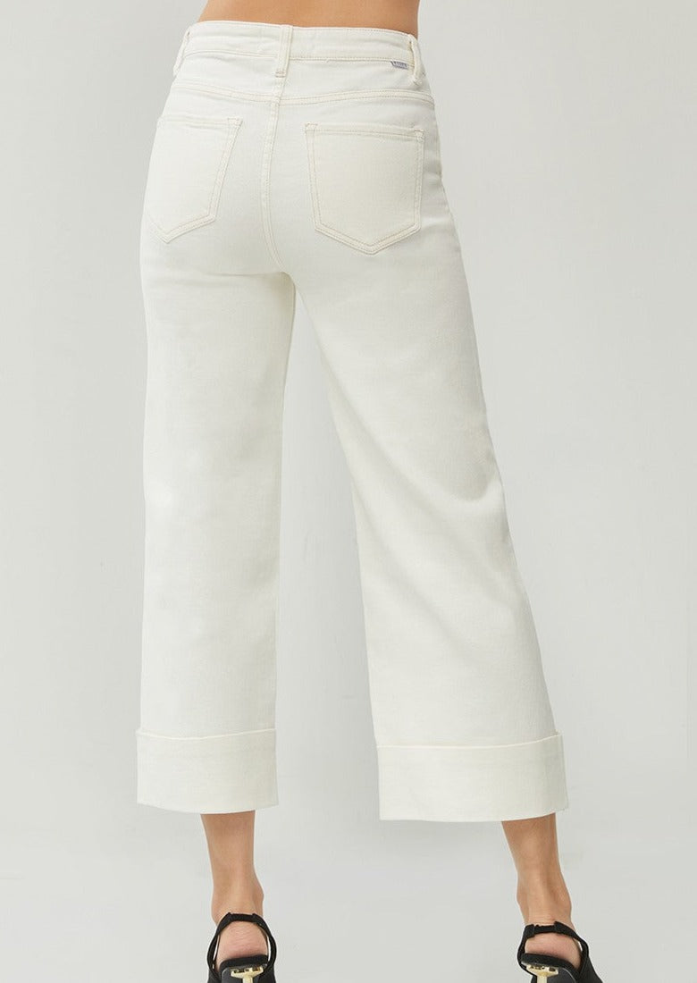 HIGH RISE ANKLE WIDE CUFFED JEANS-CREAM