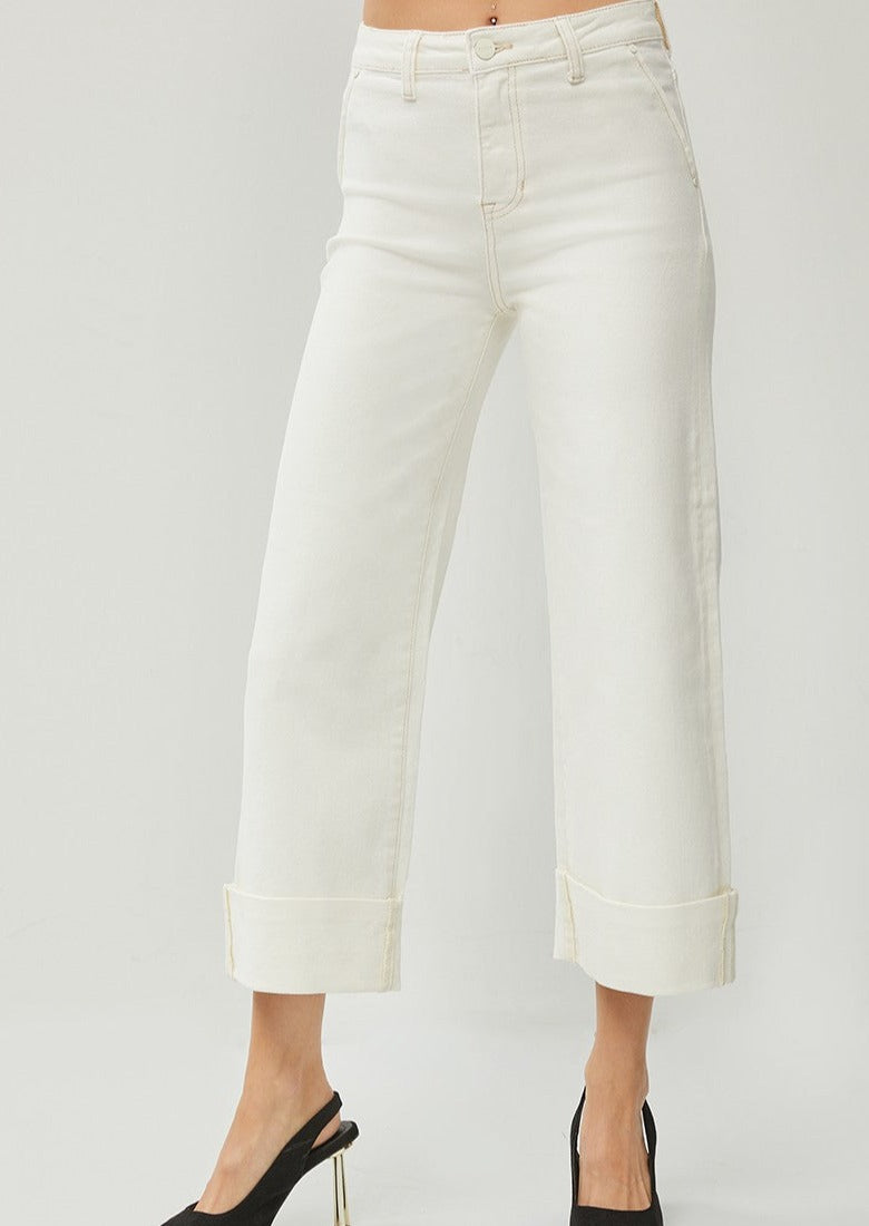 HIGH RISE ANKLE WIDE CUFFED JEANS-CREAM