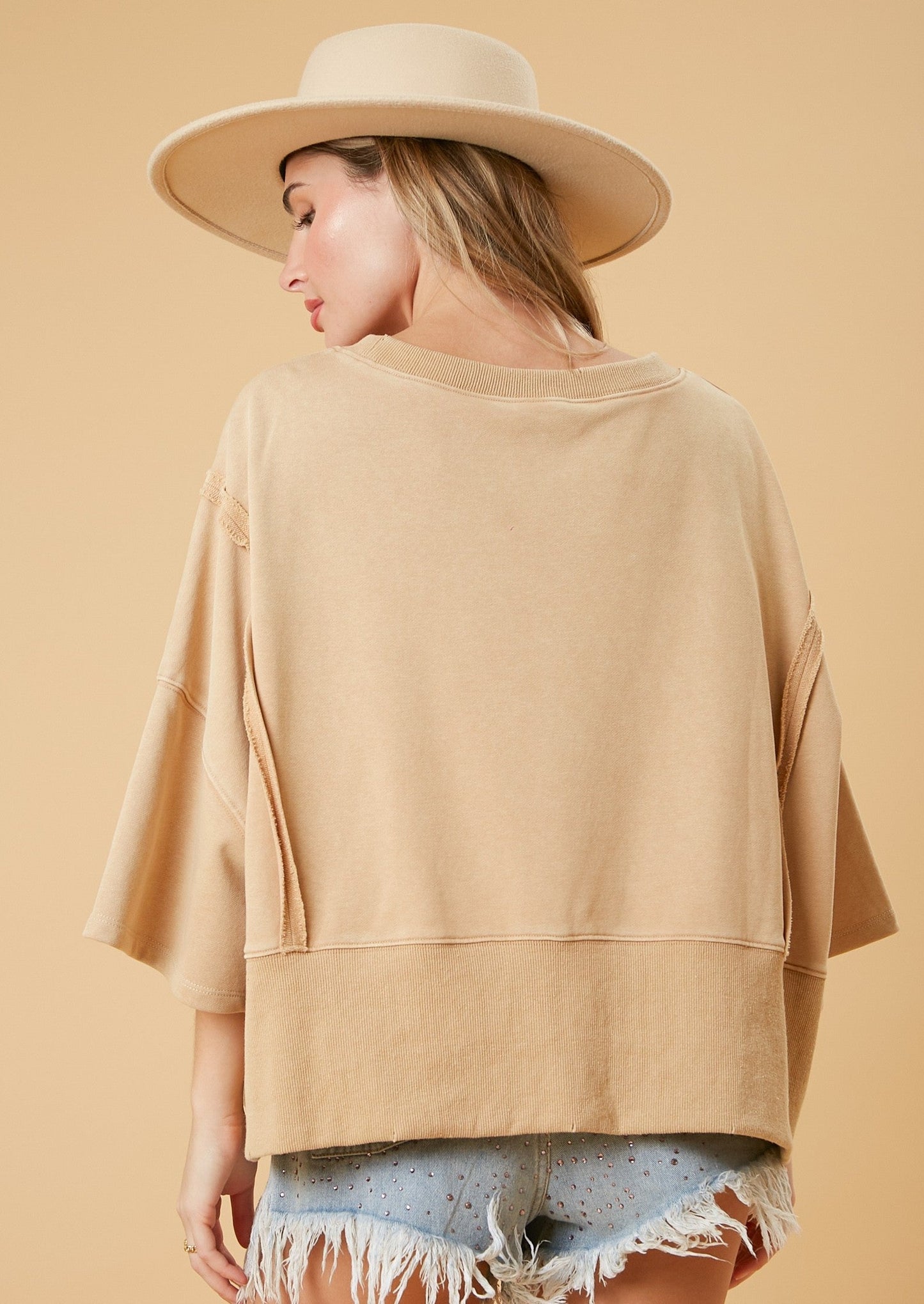 KRISTY WASHED CROP SWEATSHIRT-BEIGE