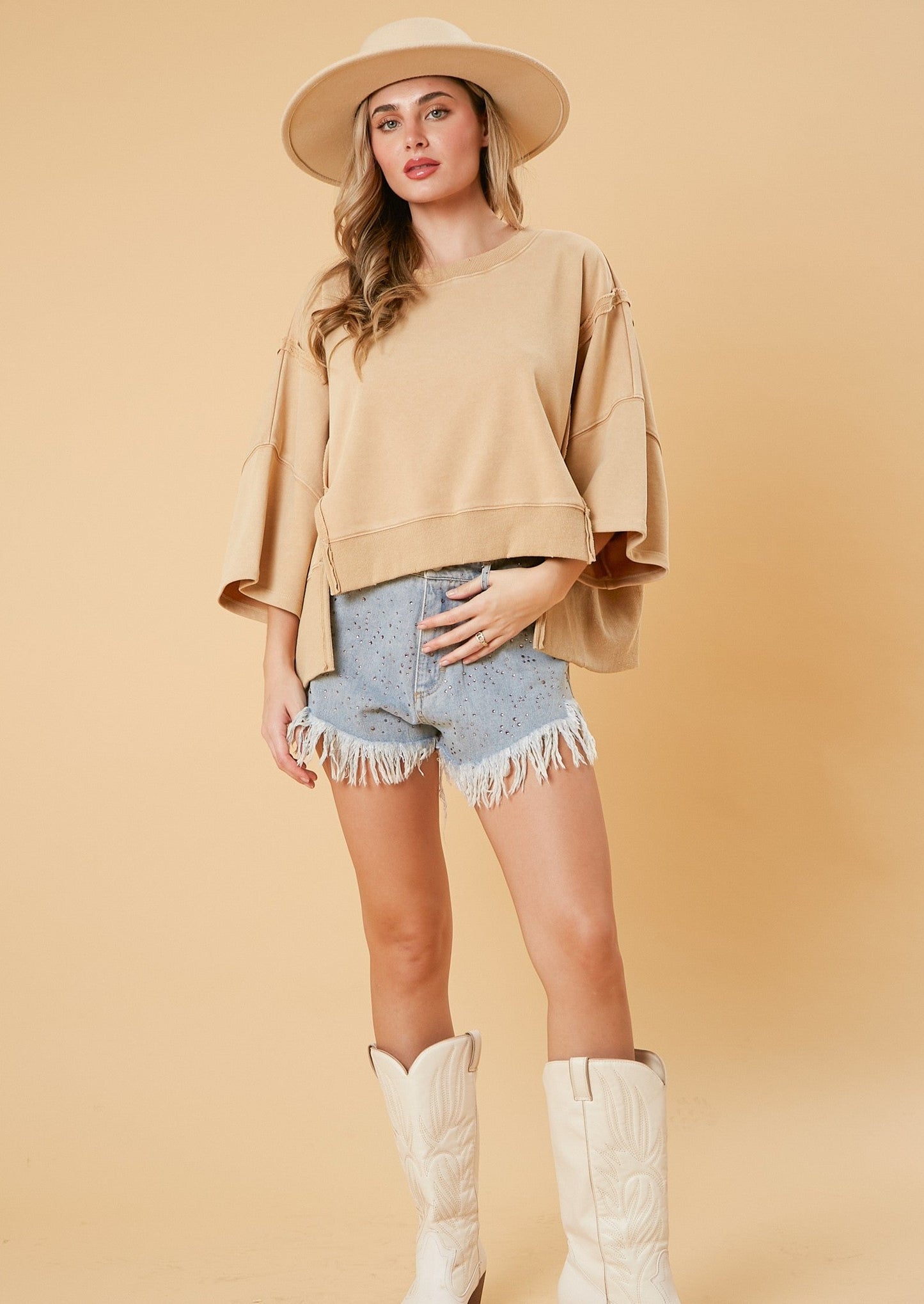 KRISTY WASHED CROP SWEATSHIRT-BEIGE