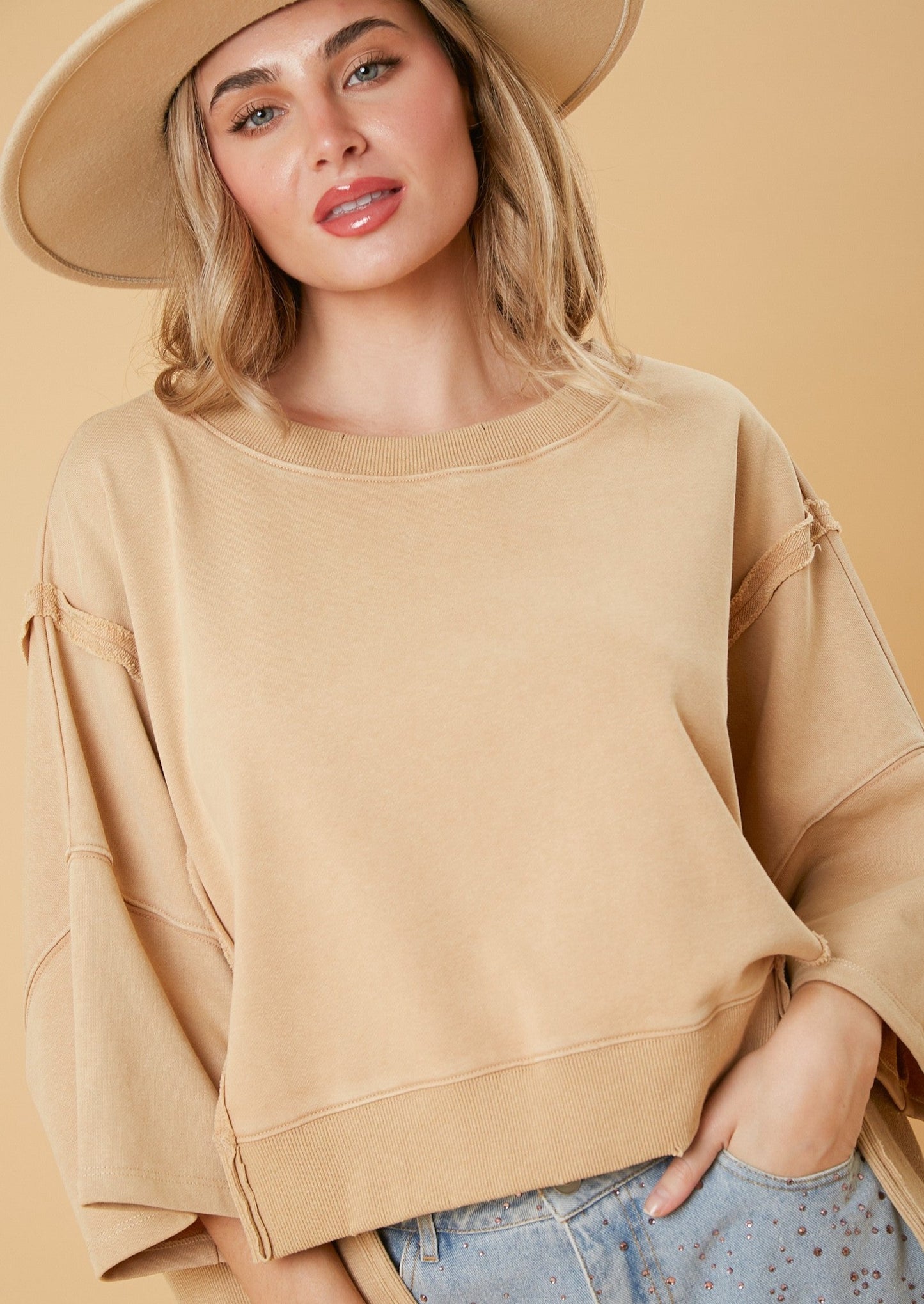 KRISTY WASHED CROP SWEATSHIRT-BEIGE