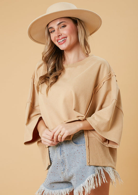 KRISTY WASHED CROP SWEATSHIRT-BEIGE