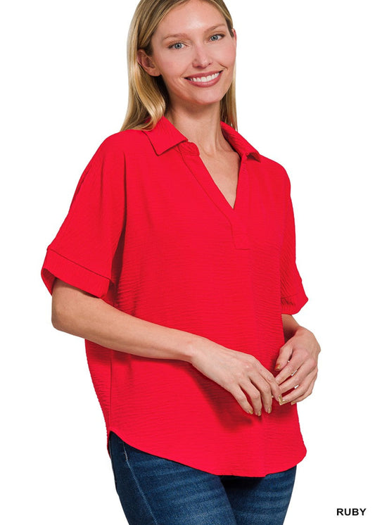 KELLY V-NECK SHORT SLEEVE TOP-RUBY