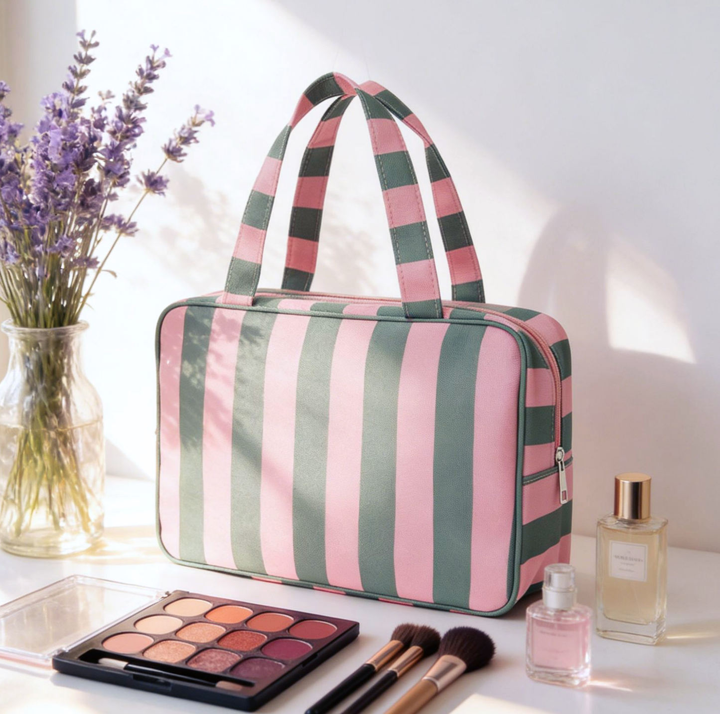 Large Storage Color‑Block Striped Makeup Bag