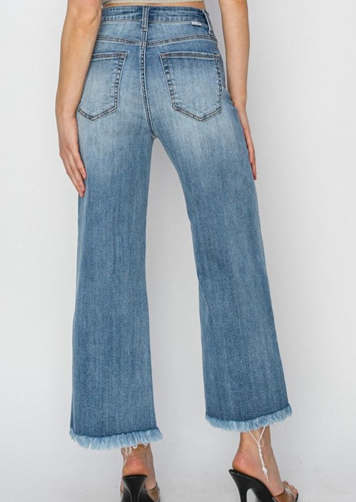 HIGH RISE CROP WIDE LEG FRAY HEM JEANS-MEDIUM WASH