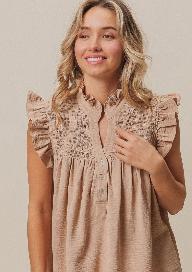 CAROLINE RUFFLED TOP-OATMEAL