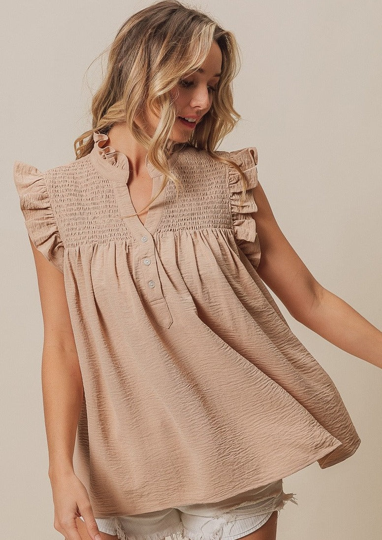 CAROLINE RUFFLED TOP-OATMEAL