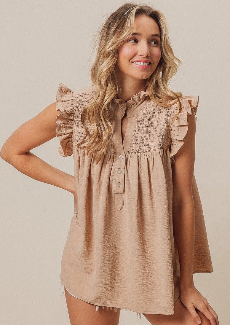 CAROLINE RUFFLED TOP-OATMEAL