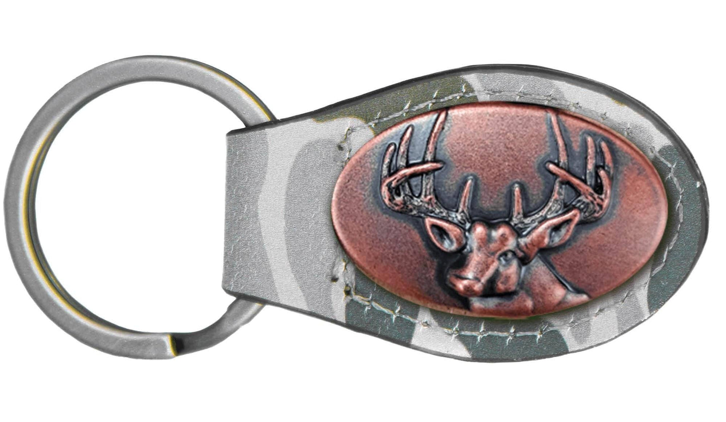 Green Old School Camo Leather Key Fob. Bass, Lab, Deer, Mallard, Turkey, Shot Shell, USA Flag