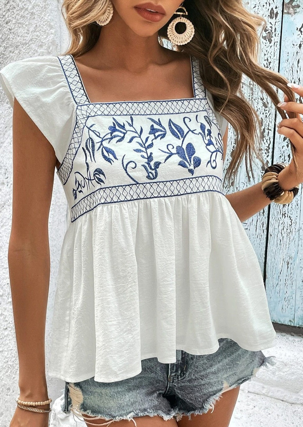 EMBROIDERED BUST SQUARE NECK PEPLUM BLOUSE
