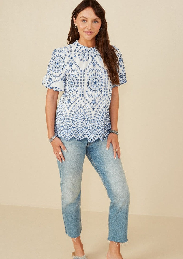 HALLIE SCALLOP EYELET TOP-BLUE