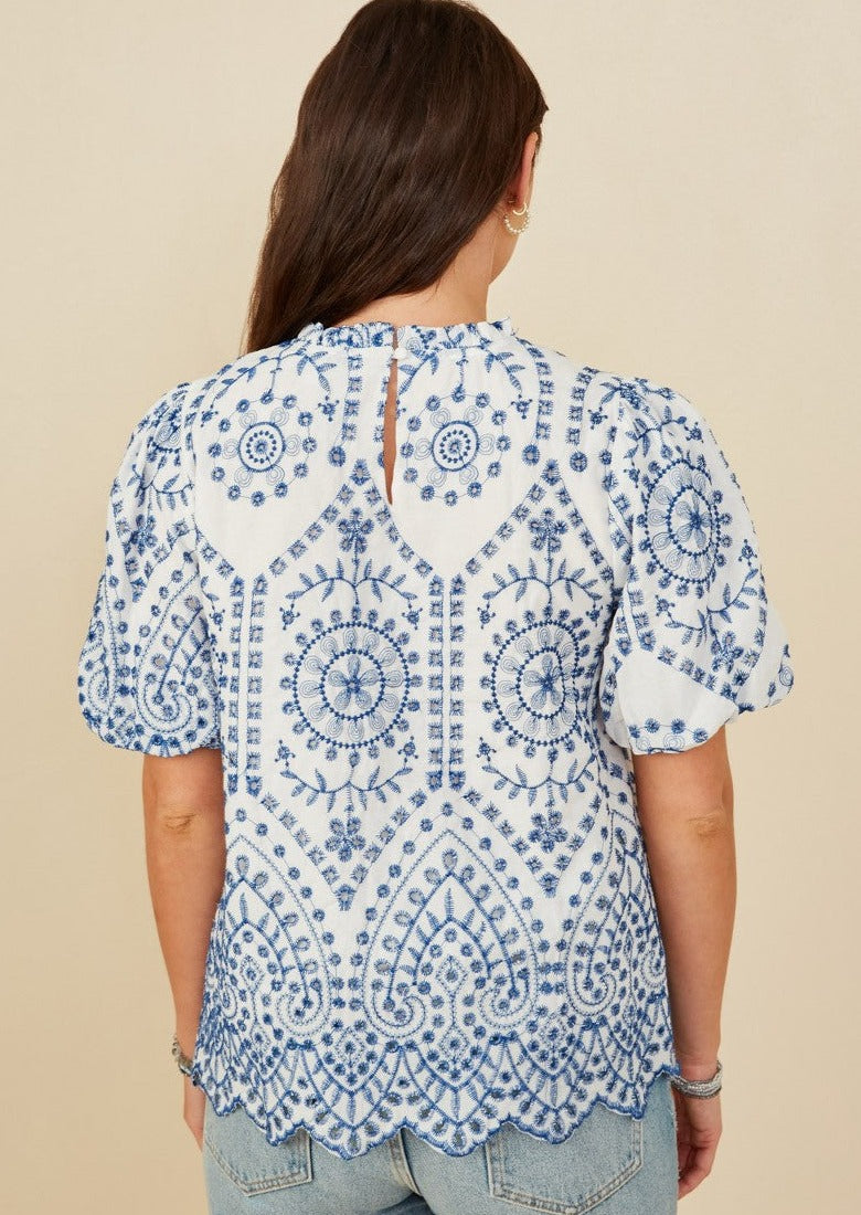 HALLIE SCALLOP EYELET TOP-BLUE