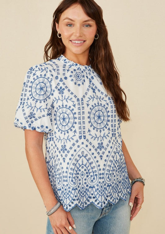 HALLIE SCALLOP EYELET TOP-BLUE