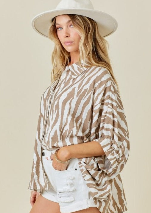 KARA ZEBRA PRINT TOP-IVORY/MOCHA