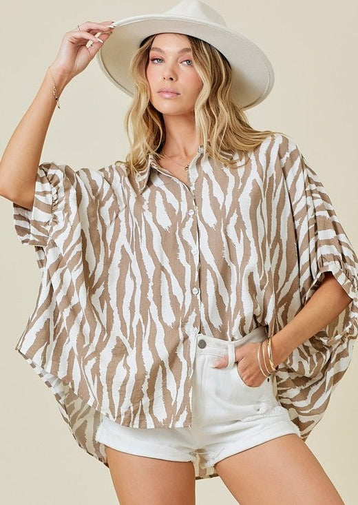 KARA ZEBRA PRINT TOP-IVORY/MOCHA