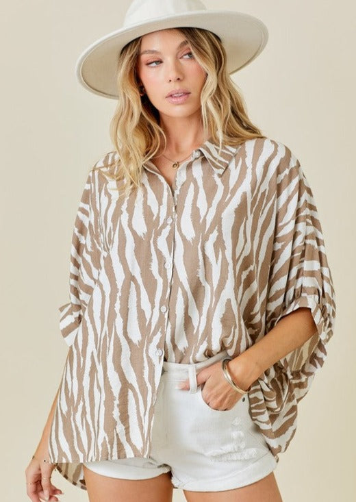 KARA ZEBRA PRINT TOP-IVORY/MOCHA