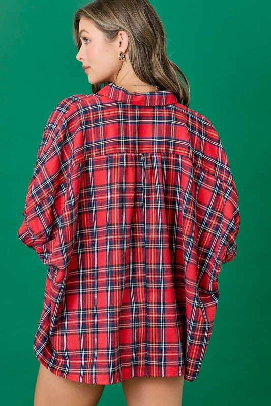 PLAID OVERSIZED BUTTON DOWN SHIRT- RED