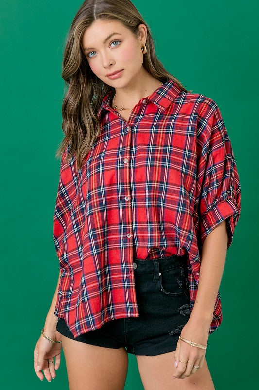 PLAID OVERSIZED BUTTON DOWN SHIRT- RED