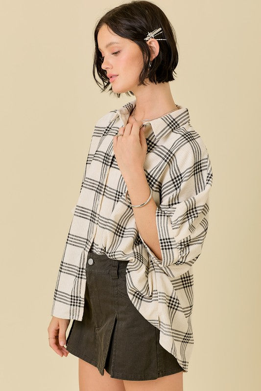 OVERSIZED CORDUROY BUTTON DOWN PRINTED PLAID SHIRT- IVORY/BLACK