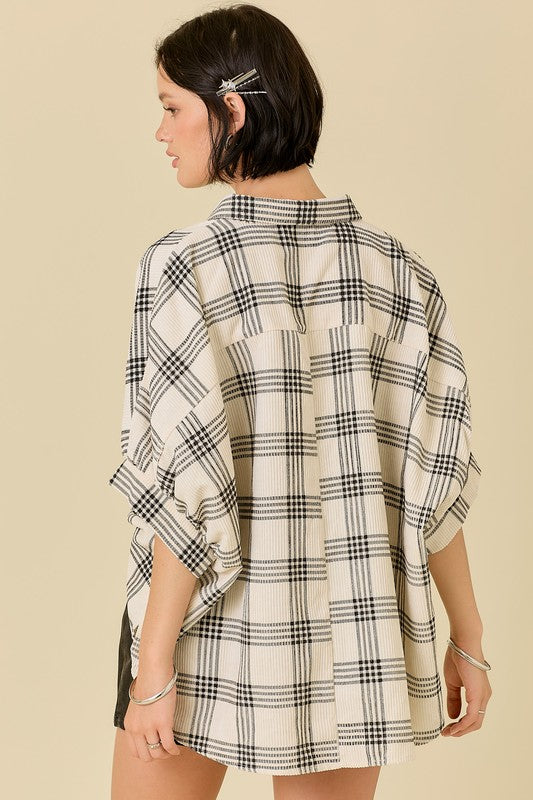 OVERSIZED CORDUROY BUTTON DOWN PRINTED PLAID SHIRT- IVORY/BLACK