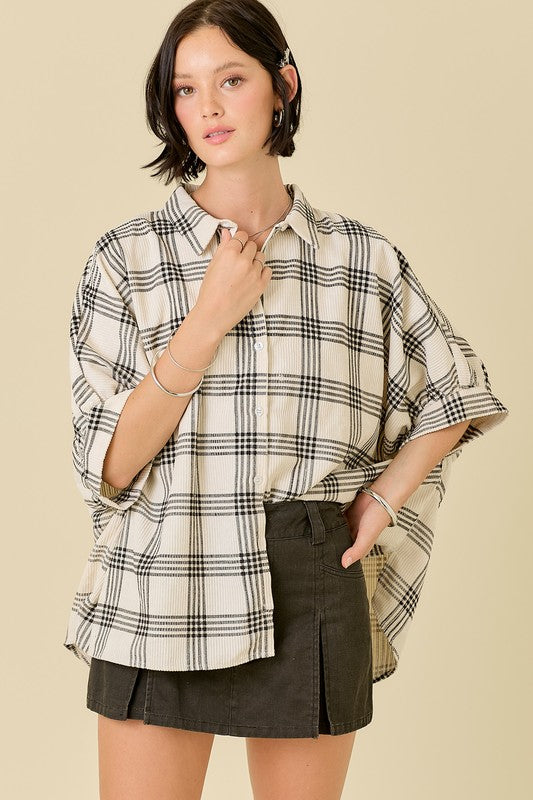 OVERSIZED CORDUROY BUTTON DOWN PRINTED PLAID SHIRT- IVORY/BLACK