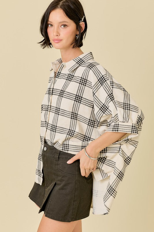 OVERSIZED CORDUROY BUTTON DOWN PRINTED PLAID SHIRT- IVORY/BLACK