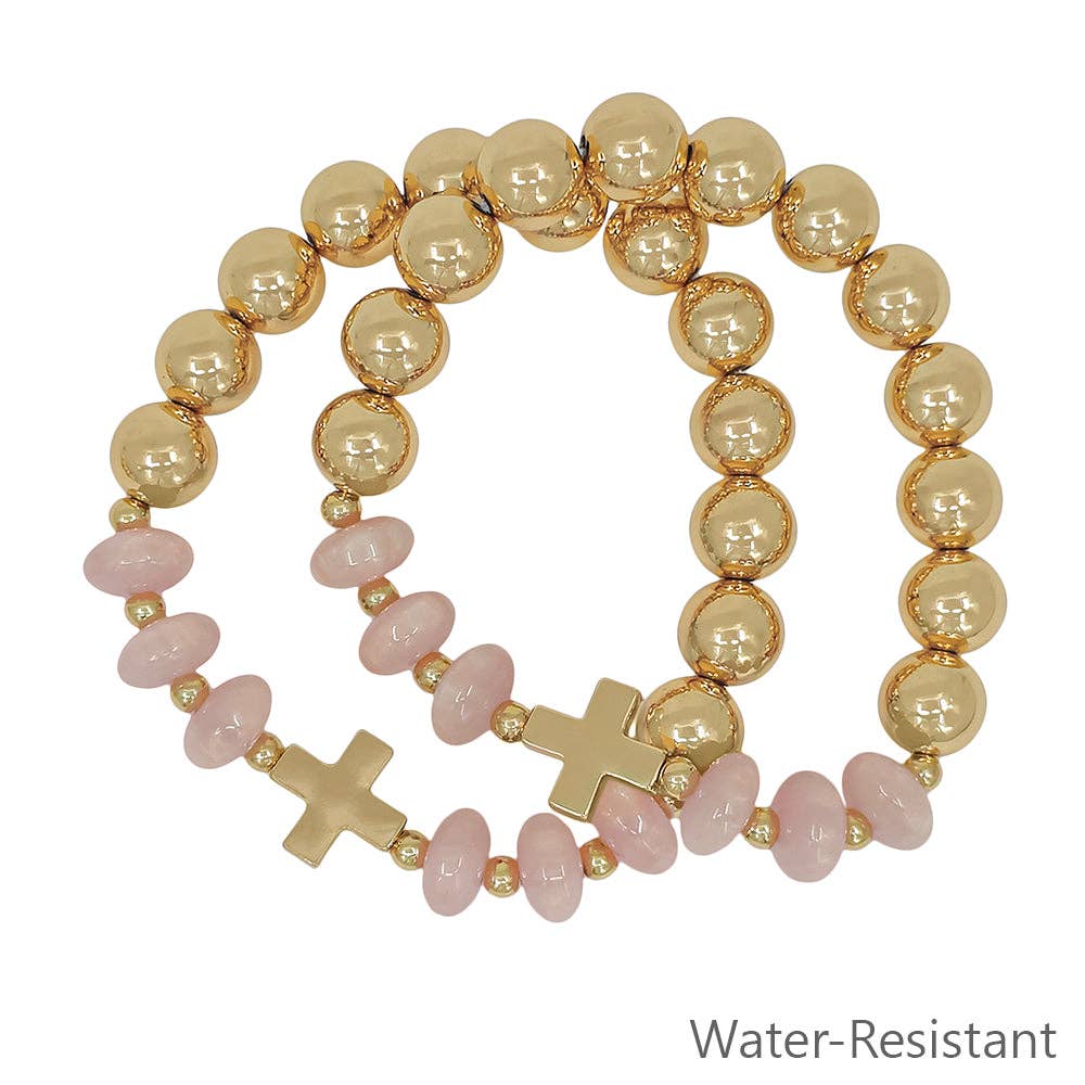 Gold Beaded with Pink Crystals and Gold Cross Stretch Bracelets