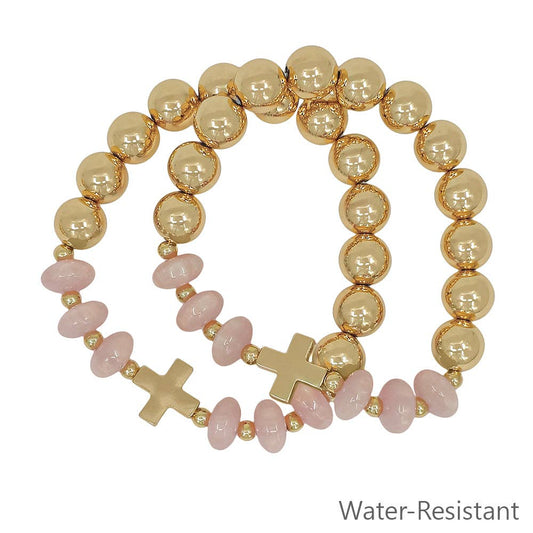 Gold Beaded with Pink Crystals and Gold Cross Stretch Bracelets