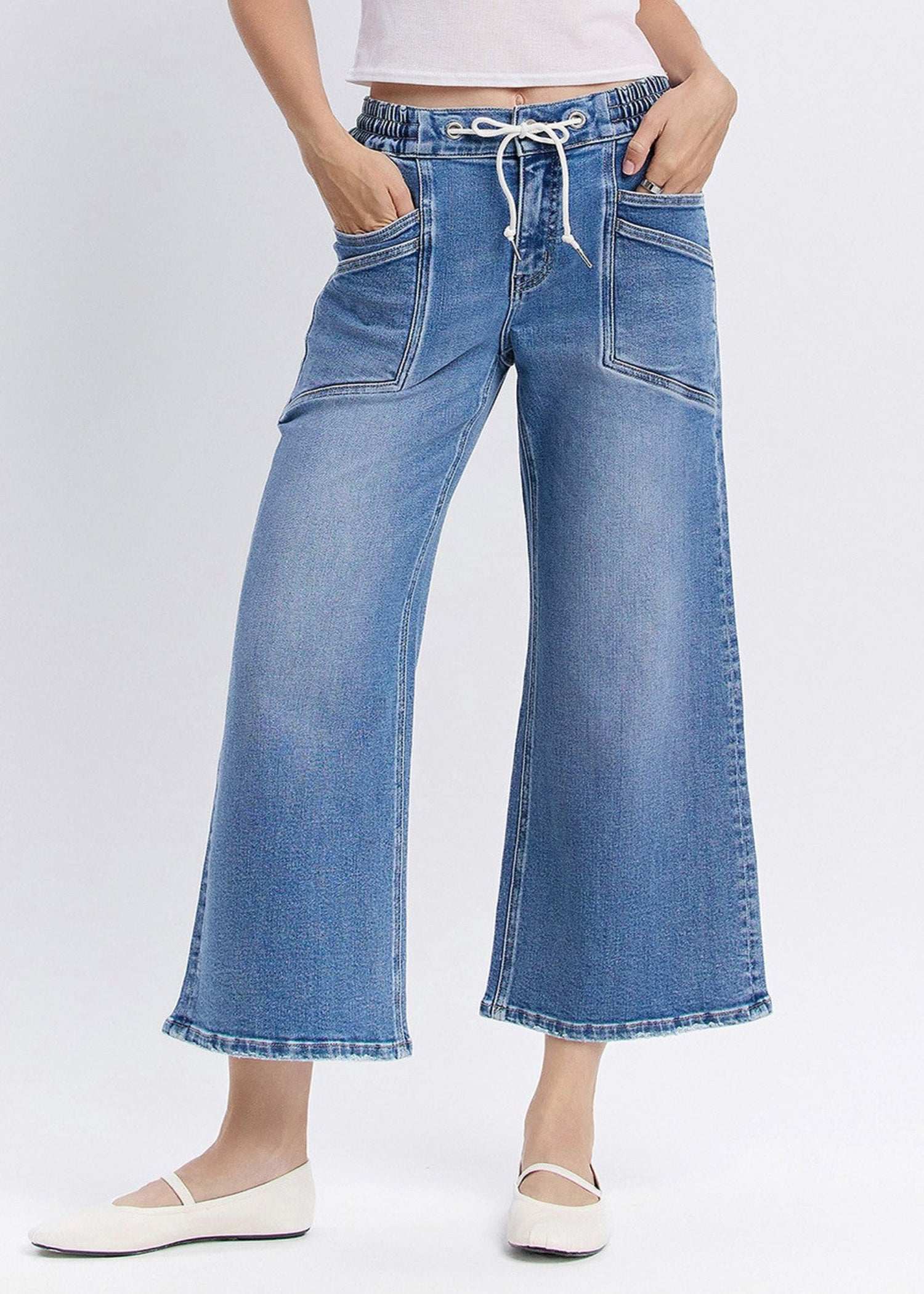 HIGH RISE DRAWSTRING WIDE LEG JEANS - REASSURE
