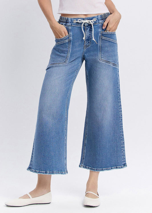 HIGH RISE DRAWSTRING WIDE LEG JEANS - REASSURE