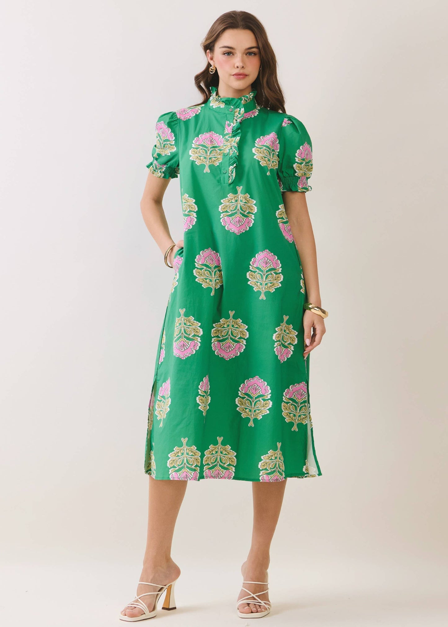 Floral Print Ruffle Collar Button Down Midi Dress