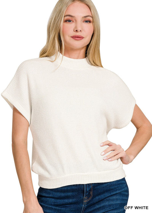 Mock Neck Short Sleeve Sweater-Off White