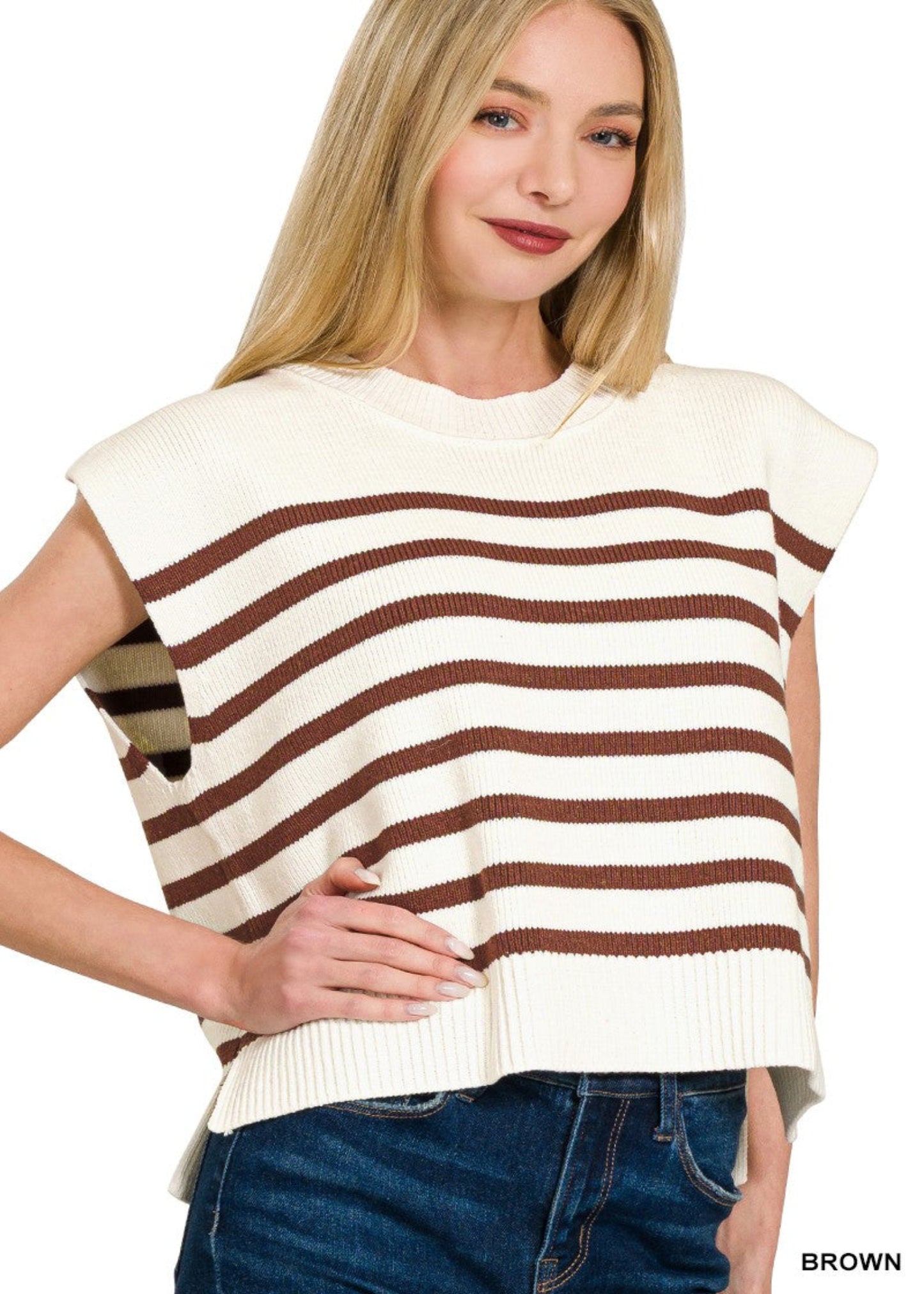OVERSIZED CREW NECK STRIPE SWEATER VEST-BROWN