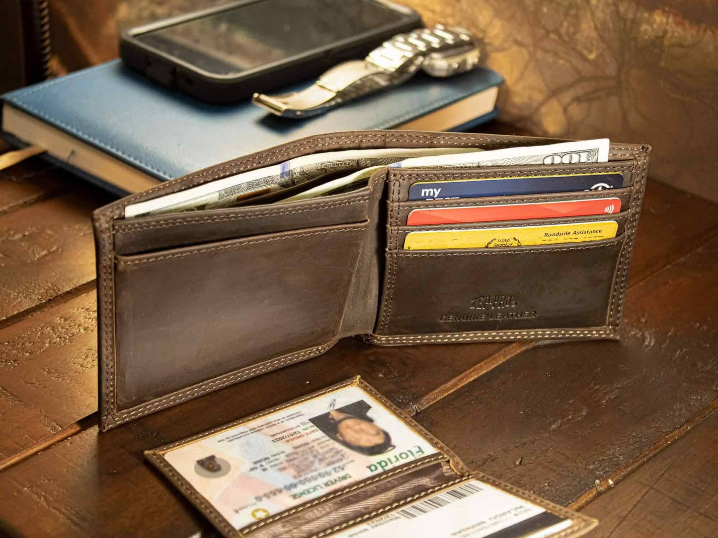 Cotton Boll Leather Bifold Wallet - CRAZY HORSE BROWN