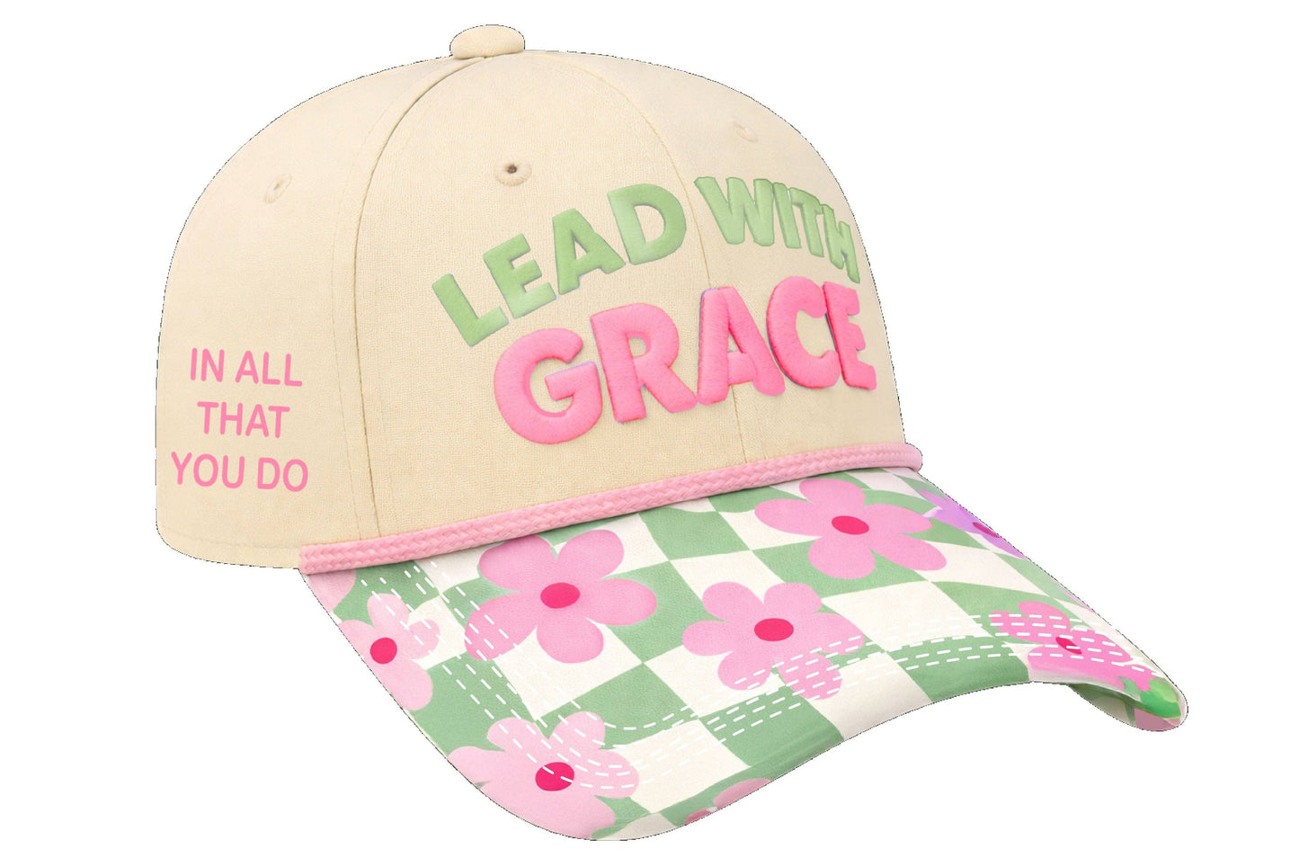 "Lead with Grace" on Tan Cap with Floral Checkered Bill