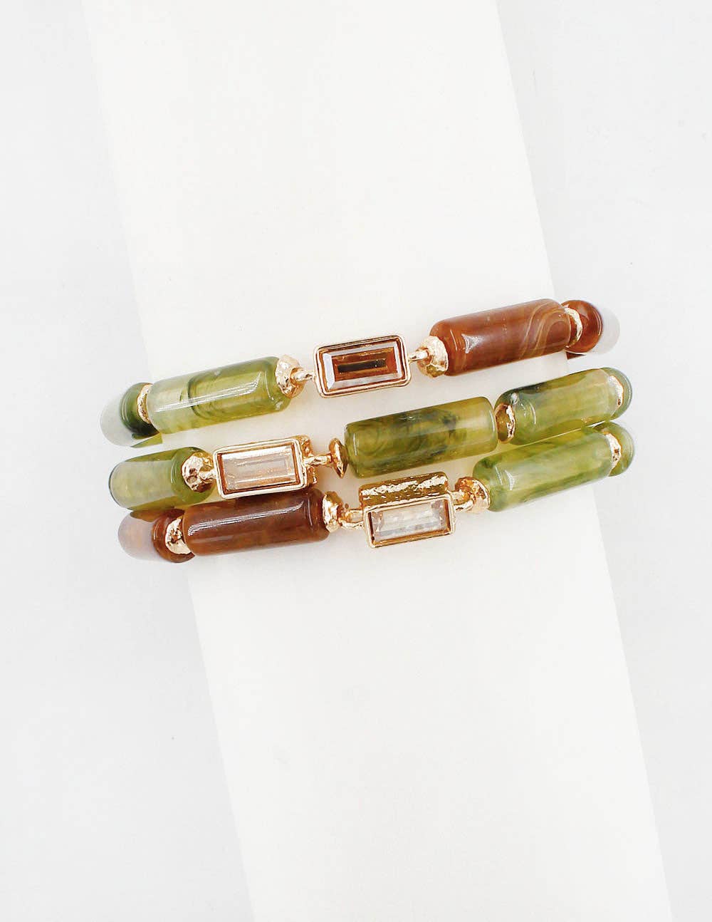 Olive and Brown Oval Stone and Crystal Beaded Set of 3 Stretch Bracelets