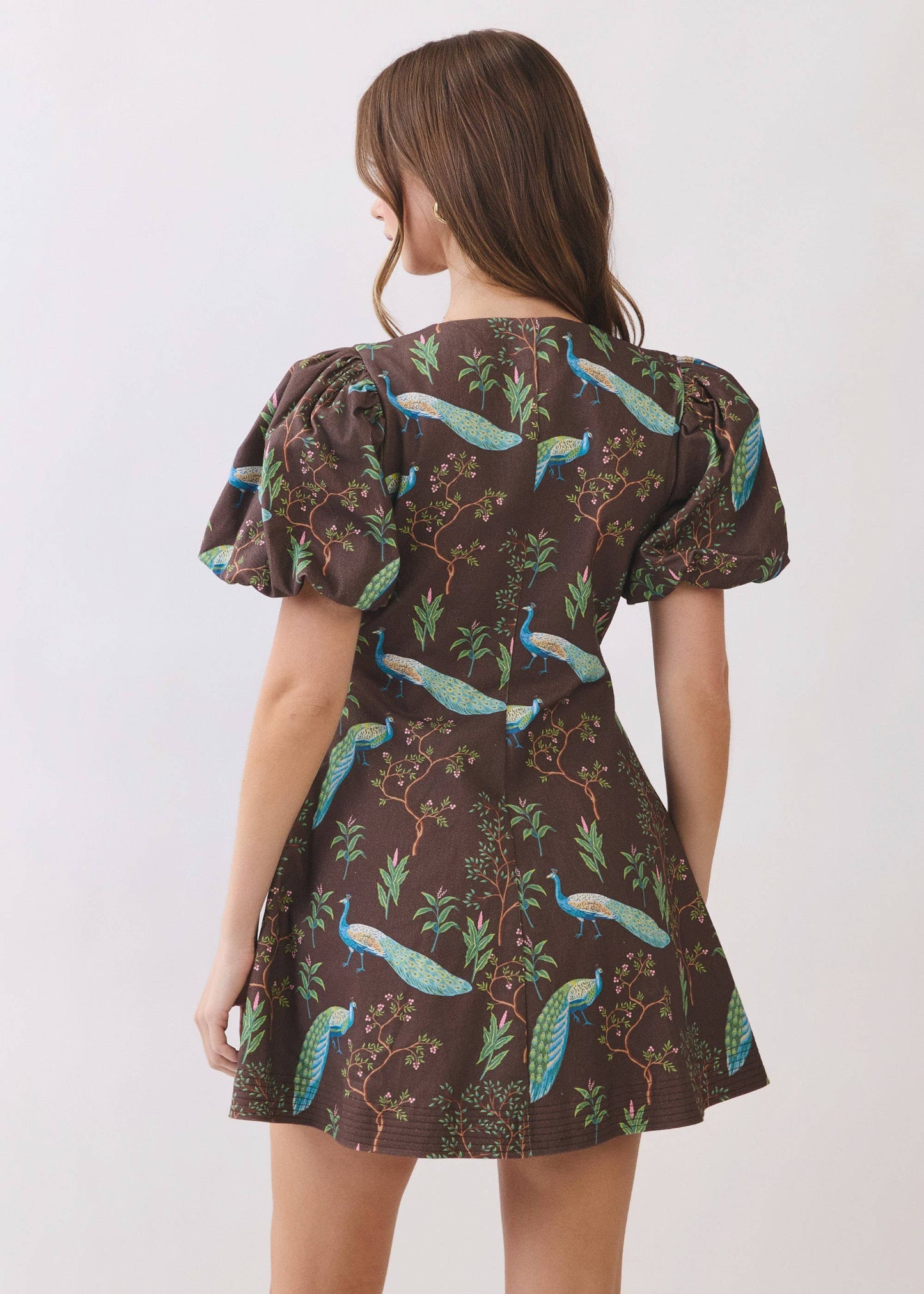 Peacock Print Puff Sleeve Button Down Mini Dress