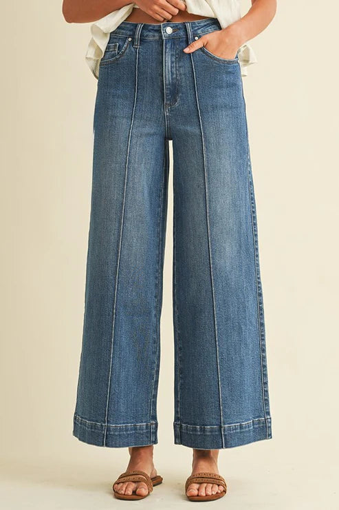 STRETCH HIGH RISE PIN TUCK DETAIL WIDE LEG JEANS