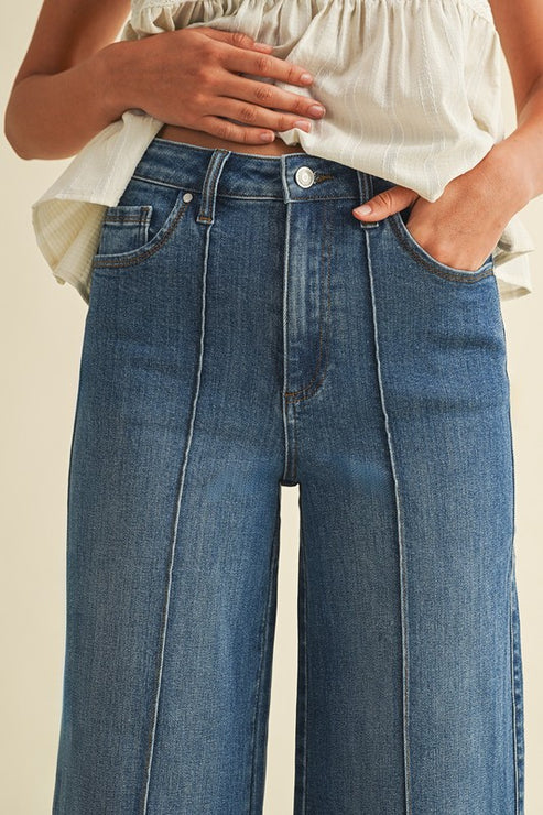 STRETCH HIGH RISE PIN TUCK DETAIL WIDE LEG JEANS