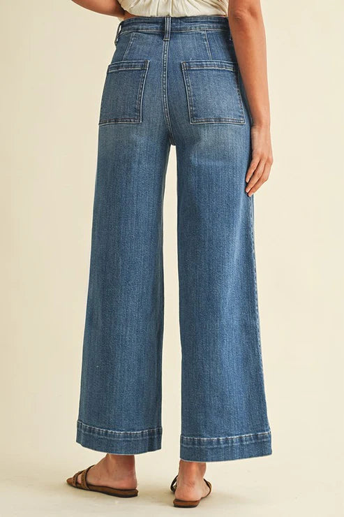 STRETCH HIGH RISE PIN TUCK DETAIL WIDE LEG JEANS